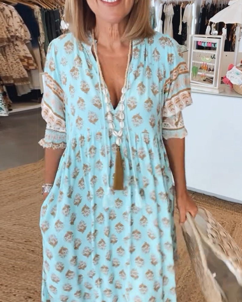 Brunch Floral V-Neck Midi Dress with Pockets | Mira 3