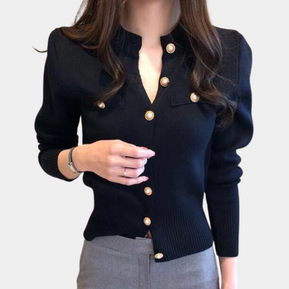 Liora | Women Relaxed Fit Button Front Long Sleeve Minimalist Black Cardigan 2