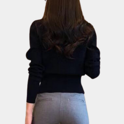 Liora | Women Relaxed Fit Button Front Long Sleeve Minimalist Black Cardigan 3