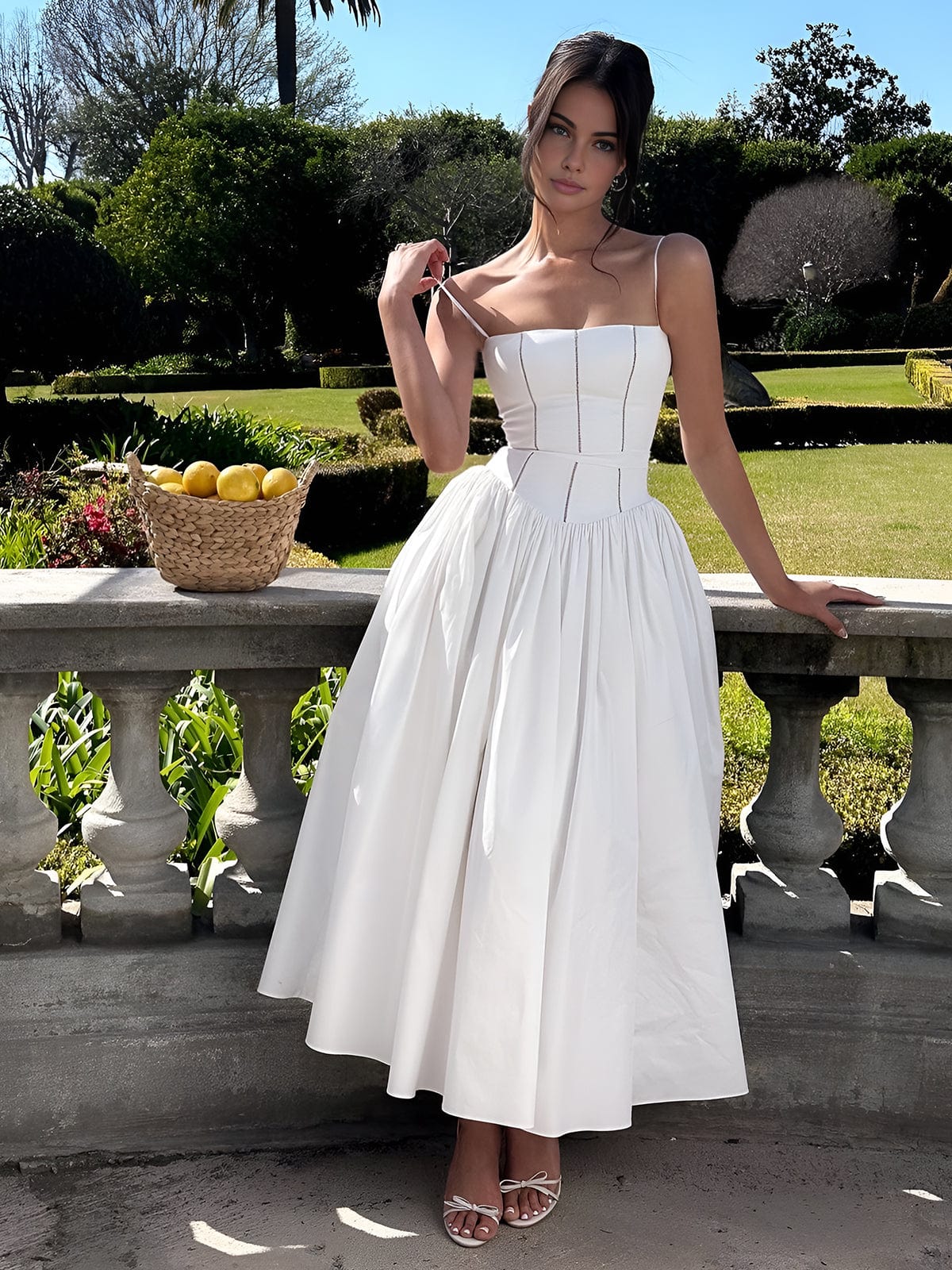 Caroline | Womens Wedding Guest Satin Corset Sleeveless Fitted Structured Midi Dress 3