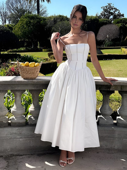 Caroline | Womens Wedding Guest Satin Corset Sleeveless Fitted Structured Midi Dress 3