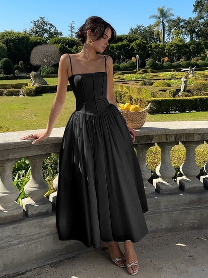 Caroline | Womens Wedding Guest Satin Corset Sleeveless Fitted Structured Midi Dress 4