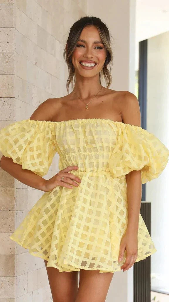Carolyn | Womens Summer Shoulderless Puff Sleeve Flowy A-Line Mini Dress 2