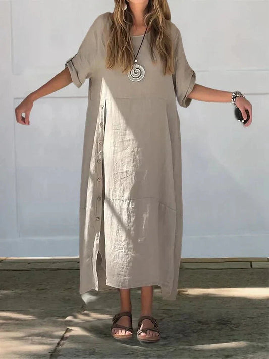 Casual Linen Blend V-Neck Pocketed Midi Dress | Talia 1