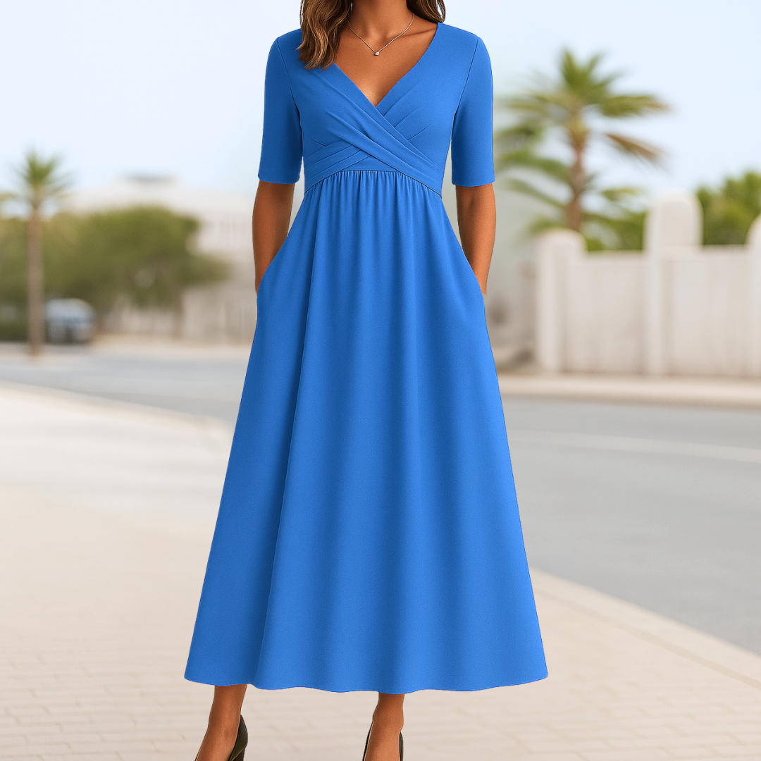 Casual Wrap Midi Dress with Crossover for Summer Occasions | Mira 7