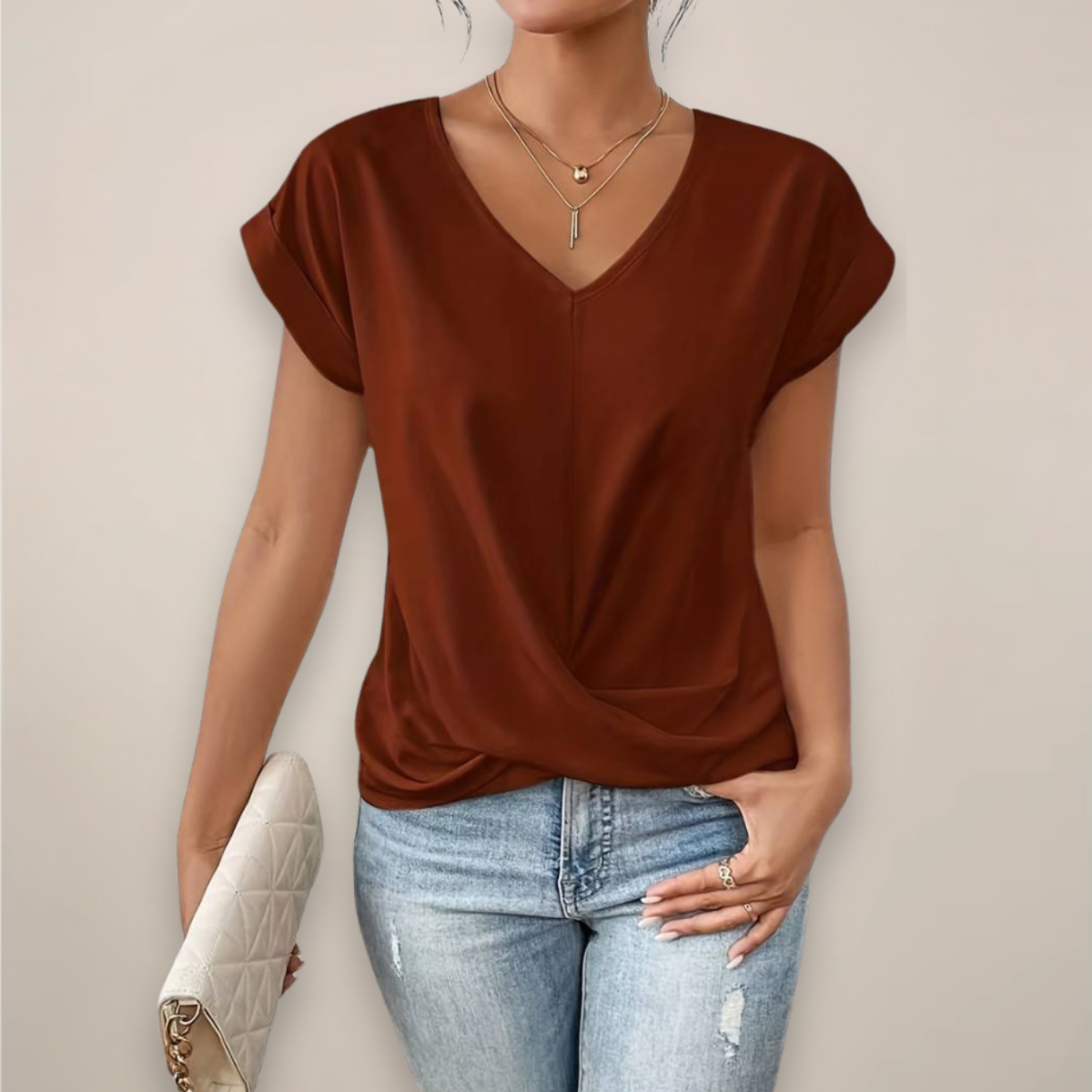 Celeste | Womens Casual V-Neck Twist Front Relaxed Fit Short Sleeve Top 2
