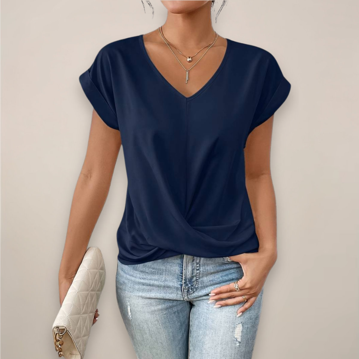 Celeste | Womens Casual V-Neck Twist Front Relaxed Fit Short Sleeve Top 4