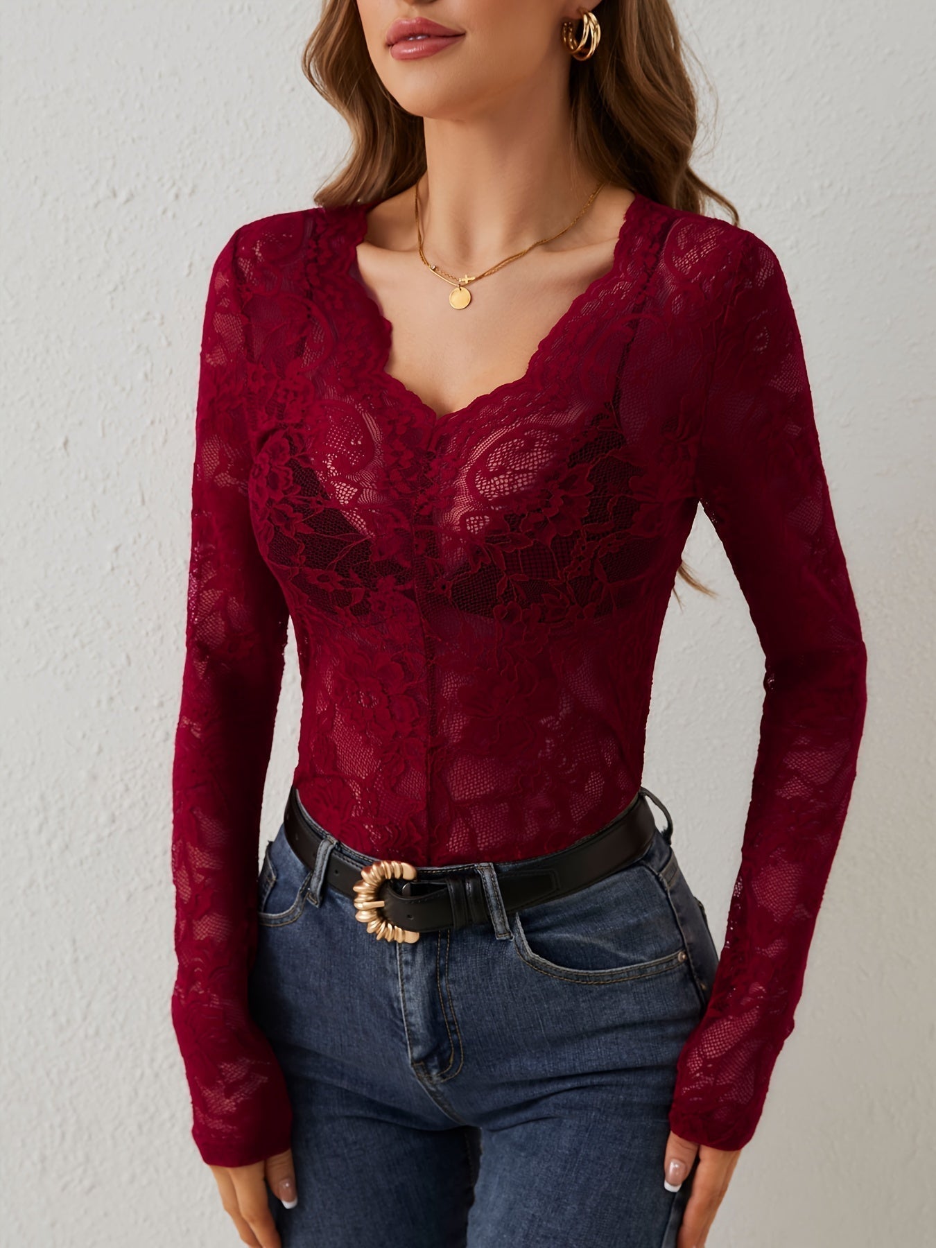 Celeste | Womens Romantic V-Neck Sheer Long Sleeve Lace Blouse 1
