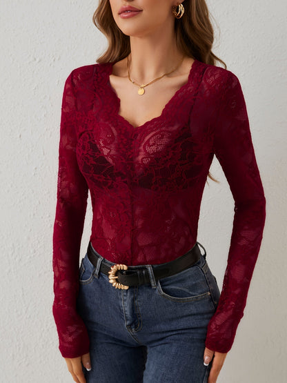 Celeste | Womens Romantic V-Neck Sheer Long Sleeve Lace Blouse 1