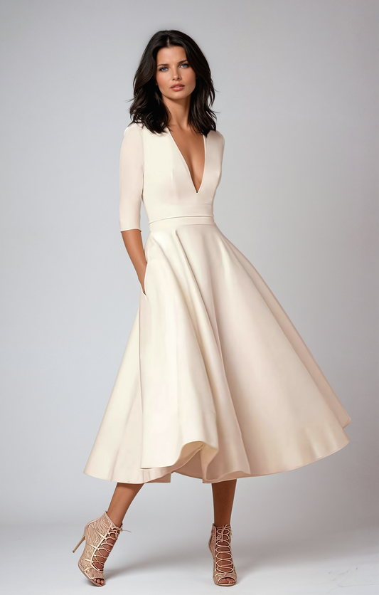 Daisy | Womens Wedding Guest Satin Sleeveless Flared Midi Dress with Elegant Movement 1
