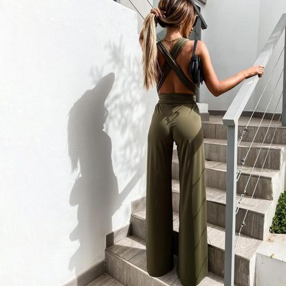Dhelian | Women Elegant Halter Jumpsuit Wide Leg Sleeveless Evening 2