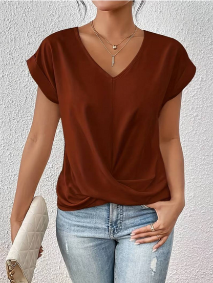 Elin | Womens Casual Relaxed Fit V-Neck Short Sleeve Minimal Blouse 2