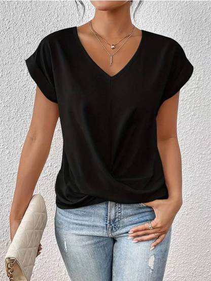 Elin | Womens Casual Relaxed Fit V-Neck Short Sleeve Minimal Blouse 3