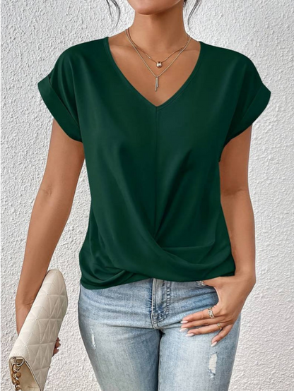 Elin | Womens Casual Relaxed Fit V-Neck Short Sleeve Minimal Blouse 4