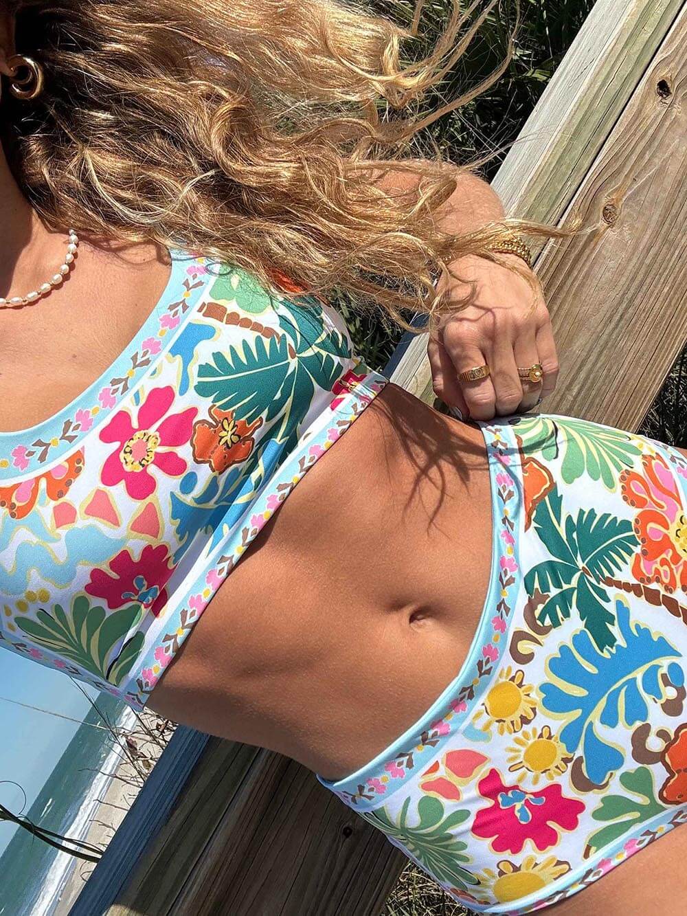 Emmie | Womens Tropical Halter Neck High-Waisted Padded Floral Two Piece Bikini Set 2