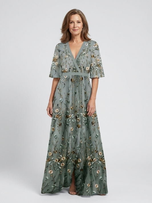 Evadne | Womens Wedding Guest Chiffon V Neck Elbow Sleeve Gently Defined Waist Floral Maxi Dress 1