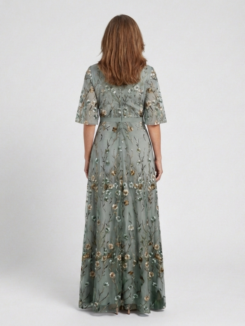 Evadne | Womens Wedding Guest Chiffon V Neck Elbow Sleeve Gently Defined Waist Floral Maxi Dress 2