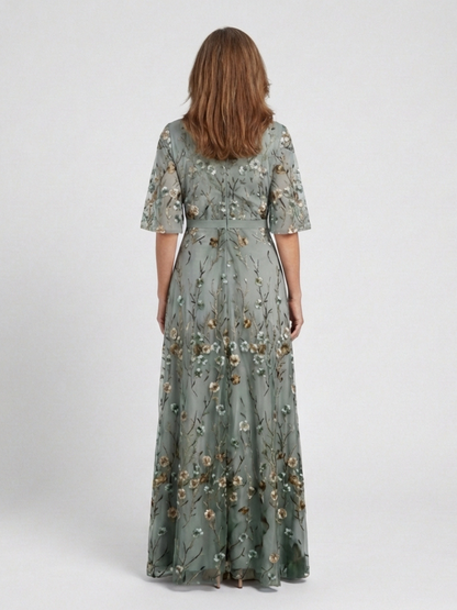 Evadne | Womens Wedding Guest Chiffon V Neck Elbow Sleeve Gently Defined Waist Floral Maxi Dress 2