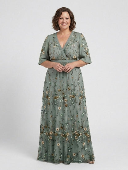 Evadne | Womens Wedding Guest Chiffon V Neck Elbow Sleeve Gently Defined Waist Floral Maxi Dress 4
