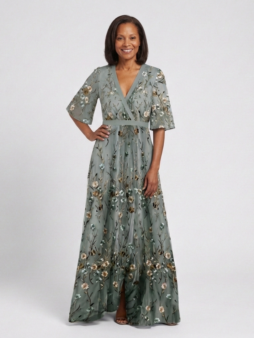 Evadne | Womens Wedding Guest Chiffon V Neck Elbow Sleeve Gently Defined Waist Floral Maxi Dress 5
