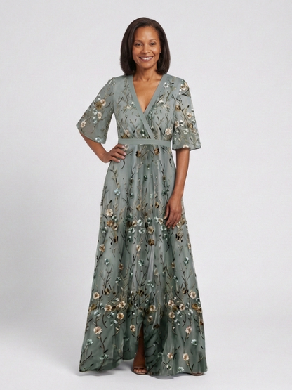 Evadne | Womens Wedding Guest Chiffon V Neck Elbow Sleeve Gently Defined Waist Floral Maxi Dress 5