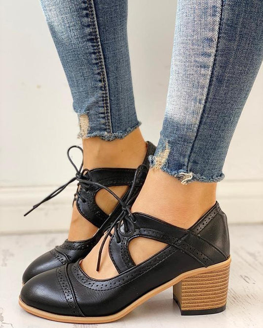 Evelyn | Women Heeled T-Strap Lace Up Moderate Heel Elegant Shoes 1