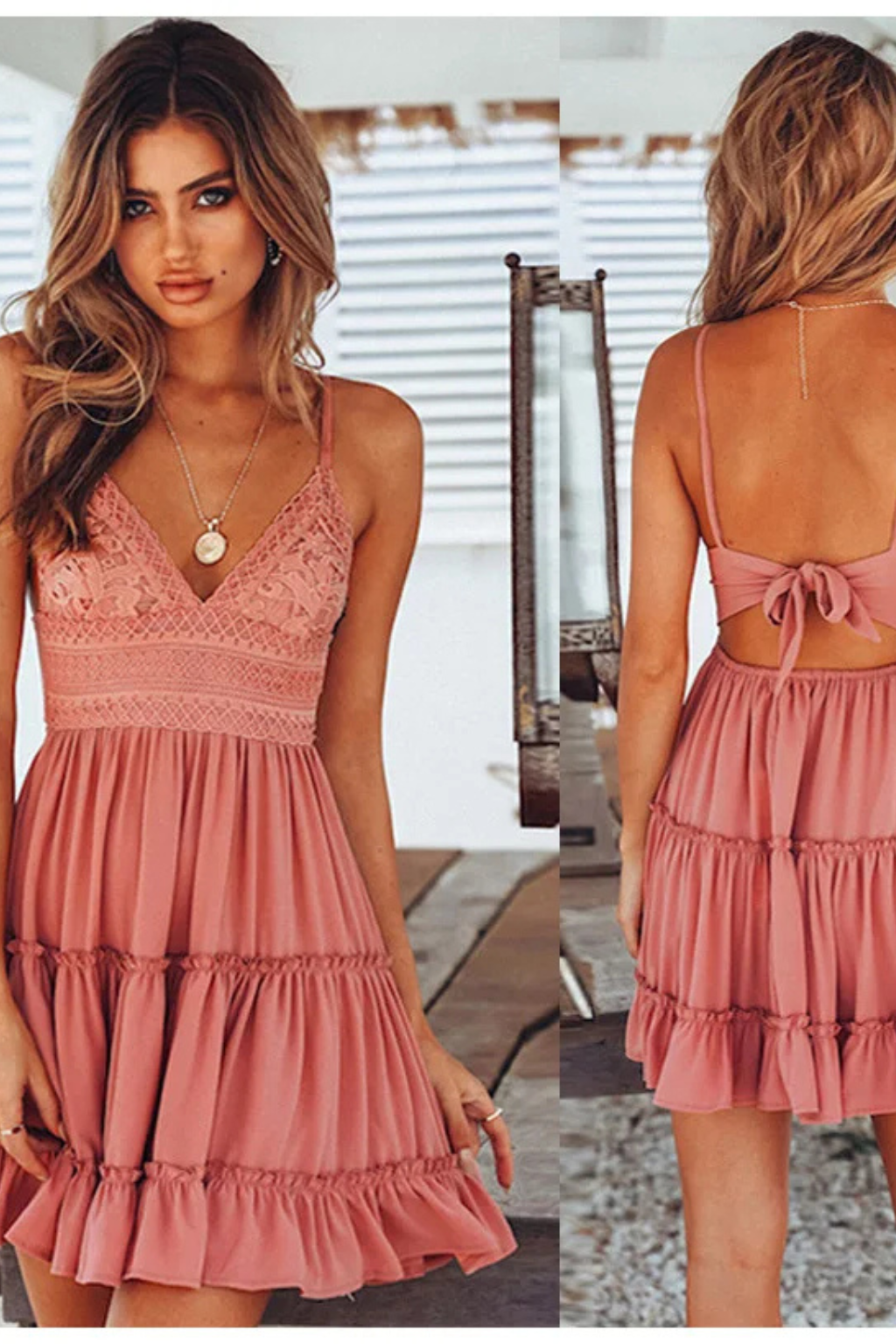 Freja | Women Summer Dress V Neck Lace Spaghetti Strap Open Back Midi Dress 7