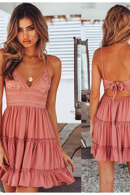 Freja | Women Summer Dress V Neck Lace Spaghetti Strap Open Back Midi Dress 7