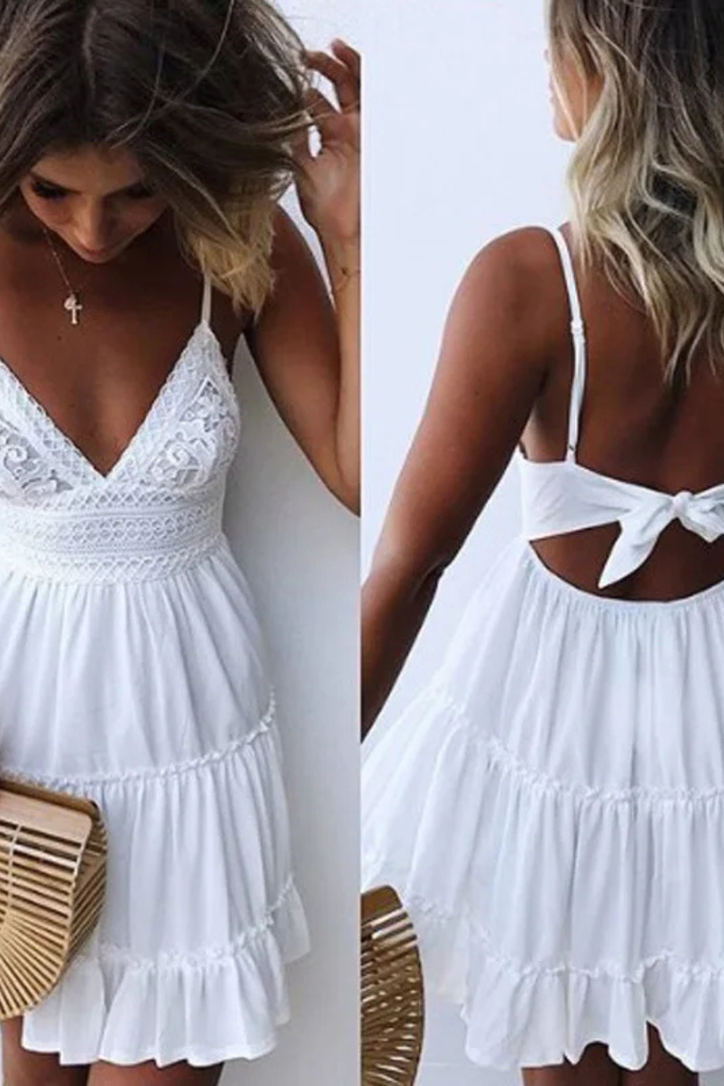 Freja | Women Summer Dress V Neck Lace Spaghetti Strap Open Back Midi Dress 8