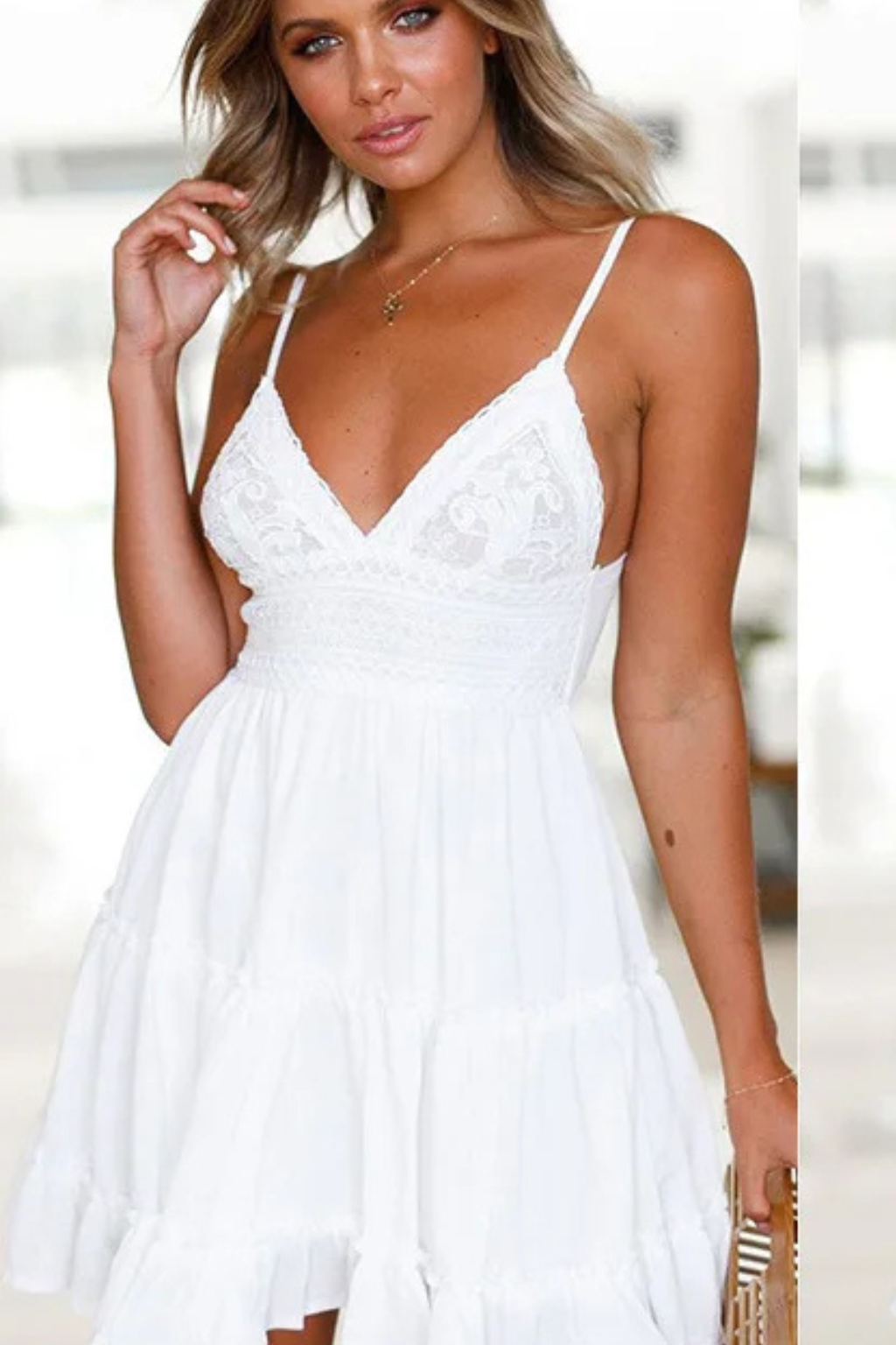 Freja | Women Summer Dress V Neck Lace Spaghetti Strap Open Back Midi Dress 9