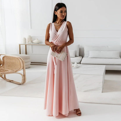 Gabrielle | Womens Wedding Guest Satin V-Neck Sleeveless Fitted Wrap Maxi Dress 1
