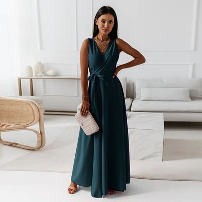 Gabrielle | Womens Wedding Guest Satin V-Neck Sleeveless Fitted Wrap Maxi Dress 2