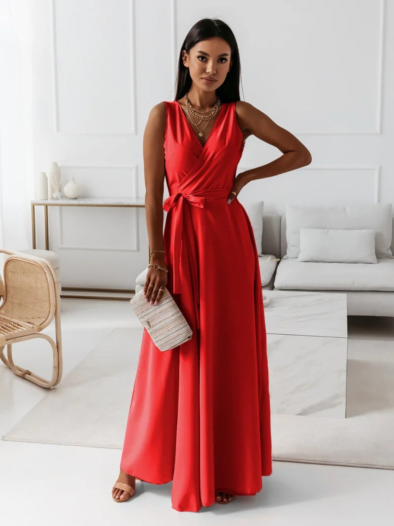 Gabrielle | Womens Wedding Guest Satin V-Neck Sleeveless Fitted Wrap Maxi Dress 4