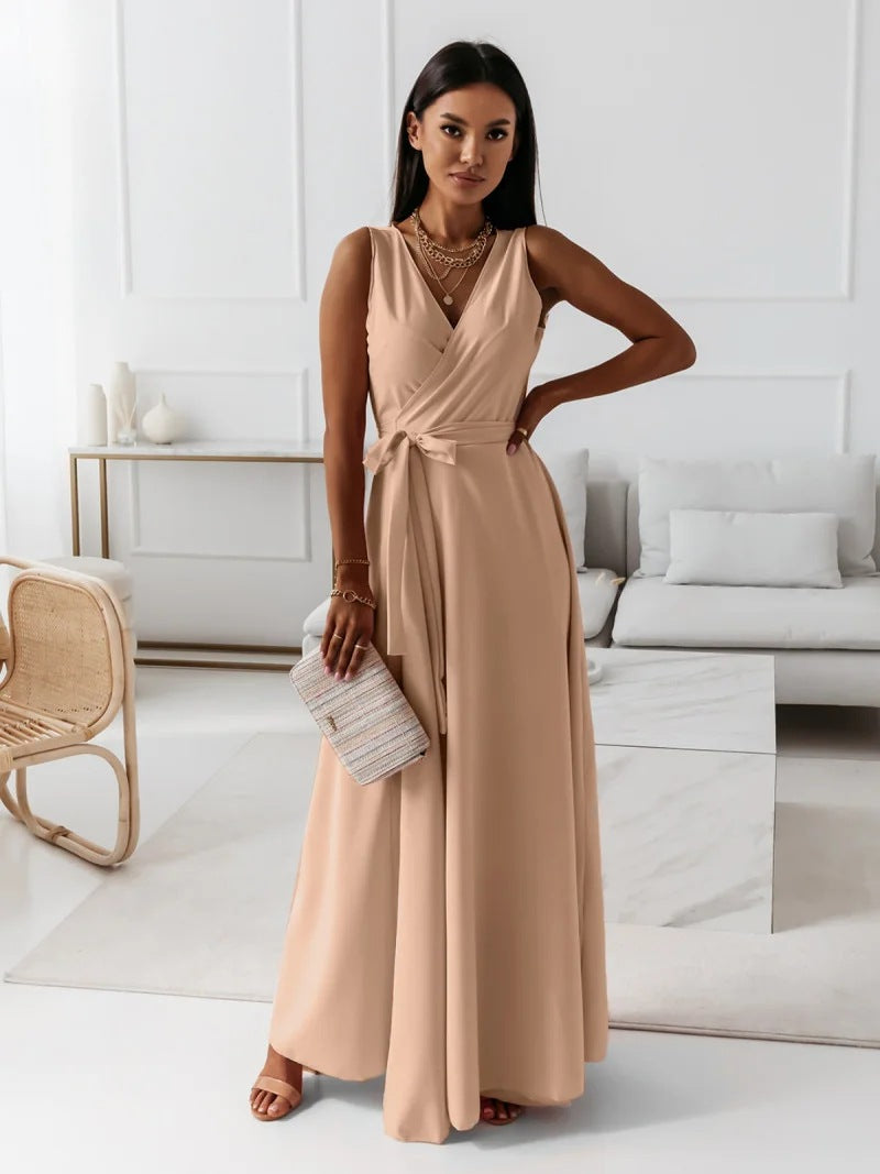 Gabrielle | Womens Wedding Guest Satin V-Neck Sleeveless Fitted Wrap Maxi Dress 5