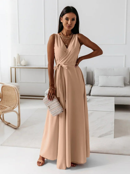 Gabrielle | Womens Wedding Guest Satin V-Neck Sleeveless Fitted Wrap Maxi Dress 5