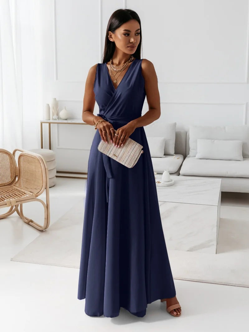 Gabrielle | Womens Wedding Guest Satin V-Neck Sleeveless Fitted Wrap Maxi Dress 6