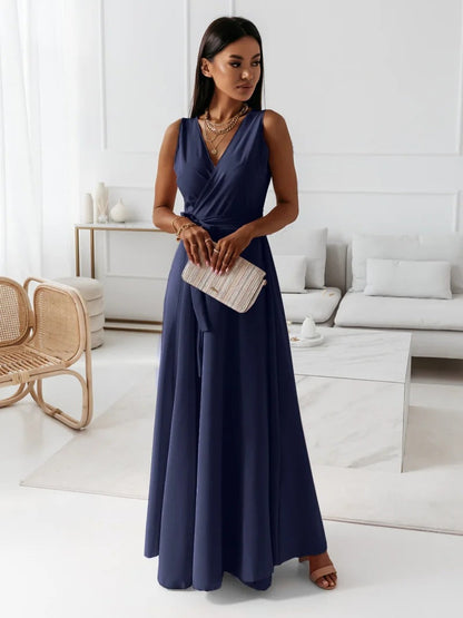 Gabrielle | Womens Wedding Guest Satin V-Neck Sleeveless Fitted Wrap Maxi Dress 6