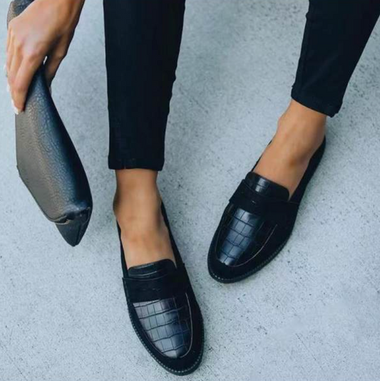 Hannah | Women Black Loafers Slip On Chic Crocodile Texture Comfortable Everyday Loafers 1