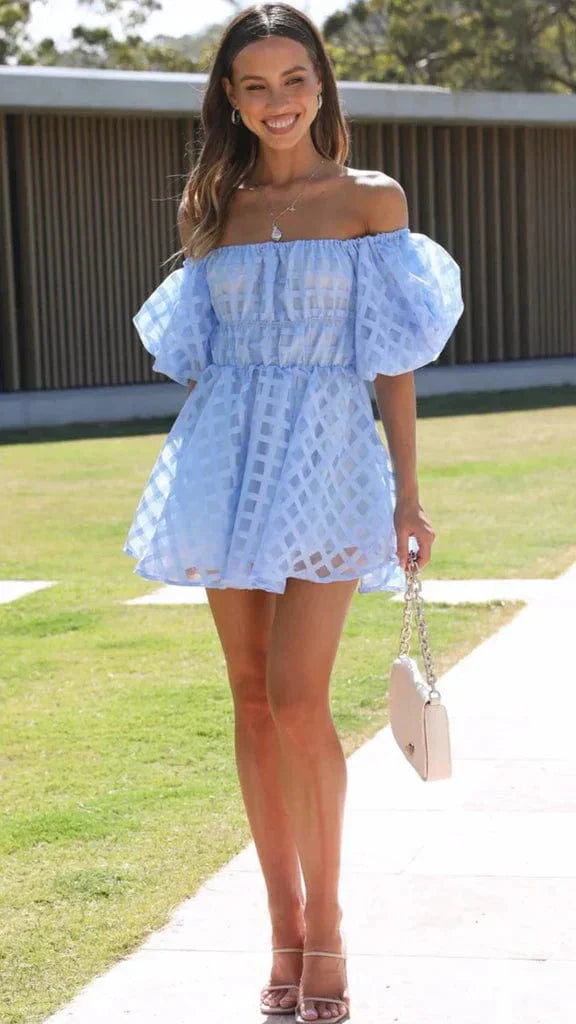 Isla | Womens Summer Off Shoulder Puff Sleeve Fitted Flared Mini Dress 1