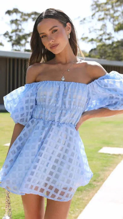 Isla | Womens Summer Off Shoulder Puff Sleeve Fitted Flared Mini Dress 2