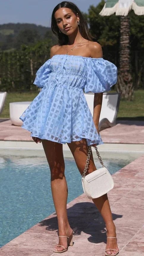 Isla | Womens Summer Off Shoulder Puff Sleeve Fitted Flared Mini Dress 5