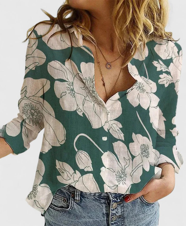 Jennifer | Womens Casual Relaxed Fit V-Neck Button Front Linen Blouse 11