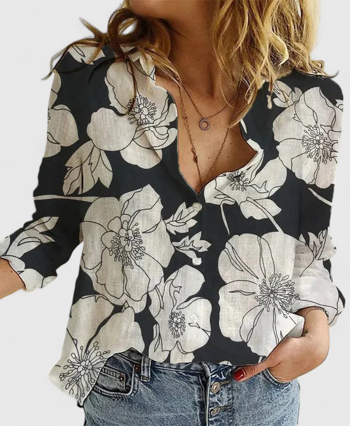 Jennifer | Womens Casual Relaxed Fit V-Neck Button Front Linen Blouse 12