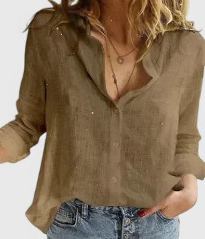 Jennifer | Womens Casual Relaxed Fit V-Neck Button Front Linen Blouse 4