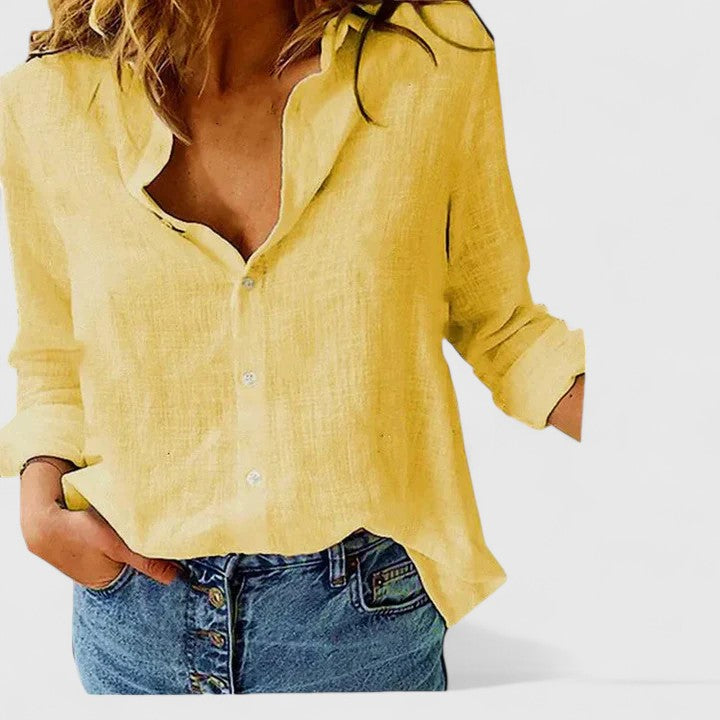 Jennifer | Womens Casual Relaxed Fit V-Neck Button Front Linen Blouse 6