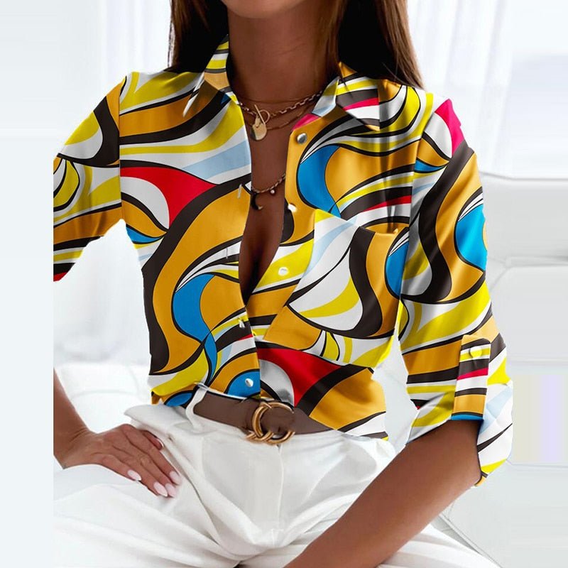 Kayla | Womens Casual Relaxed Fit Long Sleeve Geometric Printed Button-Up Blouse 13