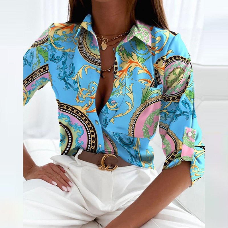 Kayla | Womens Casual Relaxed Fit Long Sleeve Geometric Printed Button-Up Blouse 9