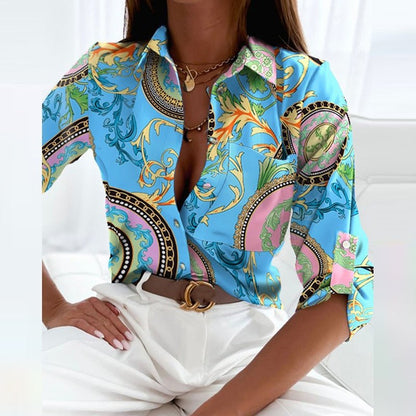 Kayla | Womens Casual Relaxed Fit Long Sleeve Geometric Printed Button-Up Blouse 9