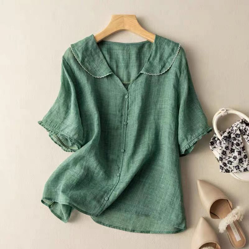 Kristi | Womens Vintage-Inspired Scalloped Collar Short Sleeve Relaxed Fit Blouse 1