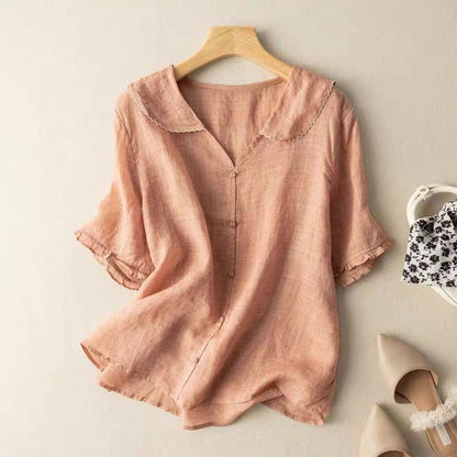 Kristi | Womens Vintage-Inspired Scalloped Collar Short Sleeve Relaxed Fit Blouse 2
